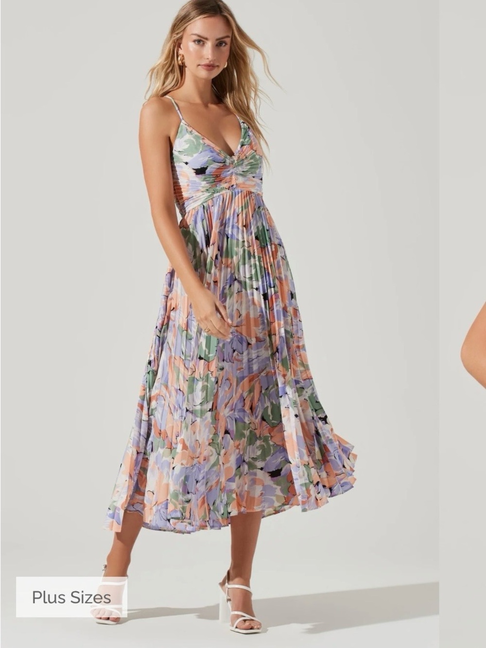 ASTR Pleated Floral Midi Dress in Lavender, Peach and Sage